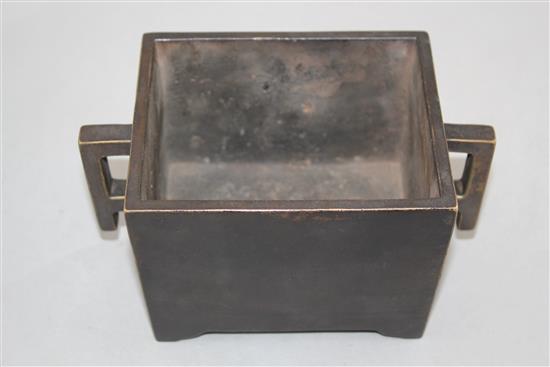 A Chinese bronze rectangular censer, Fang Ding, Xuande six character mark, 18cm across, 9cm